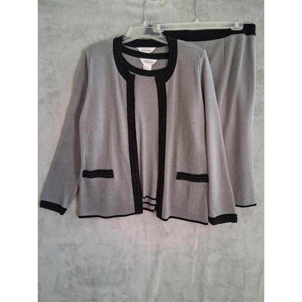 Misook Lg Skirt Suit Blazer Shell Knit 3Pc Gray Black Knee Length Evening Career